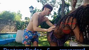 ayun xxx and panteras lindas flirt kiss and rub asses bodies in garden