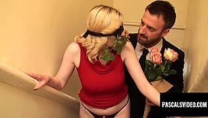 blindfolded blonde sucks big cock with rose romantically