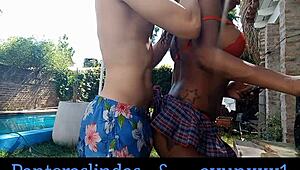 ayun xxx and panteras lindas flirt kiss and rub asses bodies in garden