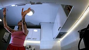 hot redhead cheerleader flashes see through panties kitchen over knee socks 🥵