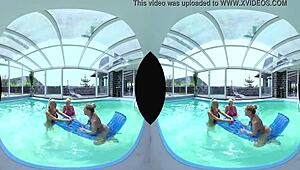 four shaved euro blondes with huge tits lick pussies asses at poolside foursome orgy