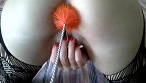 blonde sub ass fisted with bottle brush while pussy takes extreme bizarre insertions