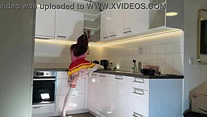 hot redhead cheerleader flashes see through panties kitchen over knee socks 🥵