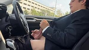 Monster cock throbs hard while stroking big dick exposed in the car