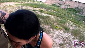 she drops to knees for sloppy outdoor blowjob and swallows every drop in public