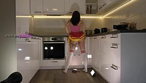 hot redhead cheerleader flashes see through panties kitchen over knee socks 🥵