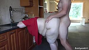 Chubby Wife Bent Over Kitchen Counter For Hubby's Deep Doggystyle Thrusts