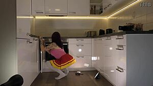 hot redhead cheerleader flashes see through panties kitchen over knee socks 🥵