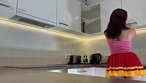 hot redhead cheerleader flashes see through panties kitchen over knee socks 🥵