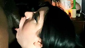 Chubby brunette wife with big natural tits slurps lucky BBC monster head deep