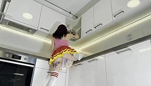 hot redhead cheerleader flashes see through panties kitchen over knee socks 🥵