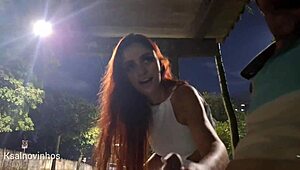 Risky Redhead Handjob At Crowded Bus Stop