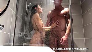 clea gaultier takes a steamy shower bathing brunette french beauty