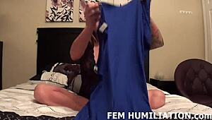 Femdom Commands Crossdresser to Strip Naked and Wear Her Tight Lingerie Humiliation