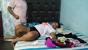 Stepmom smells my undies tweaks fat tits i dive in eat shaved pussy then fuck