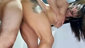 Brunette milf slurps big cock till her pussy drips wet