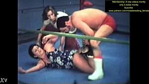 mixed nude wrestling match turns intense with sweaty body grapples