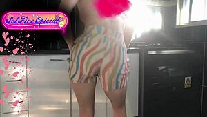 skinny tattooed Brazilian maid Megan Fire flashes ass in kitchen part 2