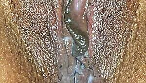 Juicy Latina Milf's Hairy Wet Pussy Dripping Cum in Close-Up Missionary