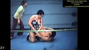 mixed nude wrestling match turns intense with sweaty body grapples