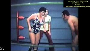 mixed nude wrestling match turns intense with sweaty body grapples