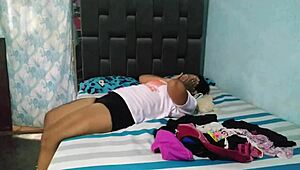 Stepmom smells my undies tweaks fat tits i dive in eat shaved pussy then fuck