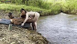 Sunbathing by the river sparks outdoor fun with two beauties sucking then filled up