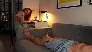 nerdy redhead babe sucks deep on cock while flashing cute skinny tits for college friend