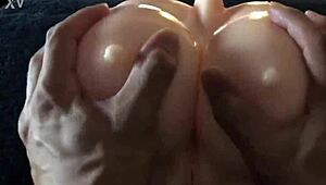 Silicone tits get oiled massage with nipple pinching and boob rubbing