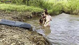 Sunbathing by the river sparks outdoor fun with two beauties sucking then filled up