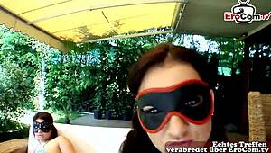 Two Gorgeous German Sluts Share Monster Cock FFM Outdoor