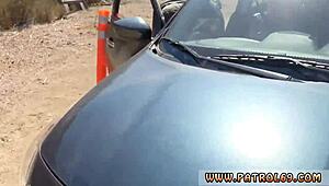 blonde babe in cop uniform blows cocks on rubber hood during outdoor threesome