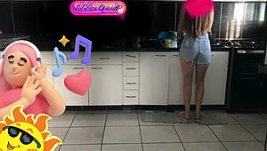 skinny tattooed Brazilian maid Megan Fire flashes ass in kitchen part 2