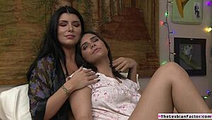 The young latina teen dives into her milf girlfriend's wet pussy while squeezing those big tits in hot lesbian action