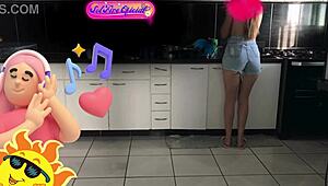 skinny tattooed Brazilian maid Megan Fire flashes ass in kitchen part 2