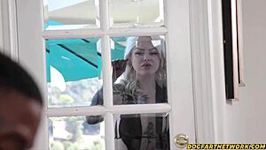 Tatted blondie licks and rides rapper's huge black cock!