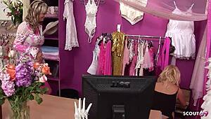 big tits bride jannet and sharon pink seduce guys to mmf threesome fuck in store!