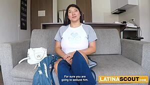 Curvy Latina with big tits chokes on rough deepthroat at casting