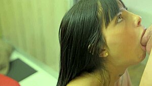 brunette slut sucks cock clean right after creampie fills her tight asshole deep