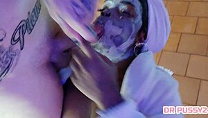 Ebony beauty chokes on surprise monster cock during slow-motion facial cumshot massage