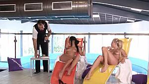 two hotties ravage waiter's cock in mouths and pussies mercilessly