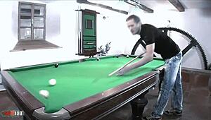 Sabrina's shaved pussy slammed hard on pool table by Ian's monster cock