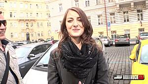 Kate Ross kneels outdoors savoring every inch of that massive throbbing cock in public thrill