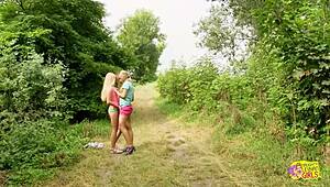 Flaming Hot Blondes Finger Lick and Scissor Small Tits in Steamy Outdoor Lesbian Fingering Frenzy