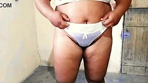 Chubby homemade wife tries neighbor's thong on big ass tits