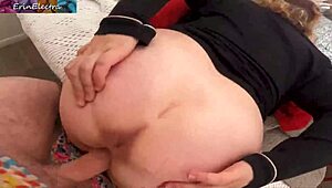 stepson grinds dick on stepmom's fat ass then pounds her pussy missionary on bed creampie finish