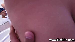 Horny amateur teen girlfriend films bathroom pussy licking to cumshot