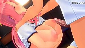 Pink hair girl squeezes monster cock between huge tits for massive cumshot