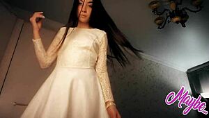 Sweet babe strips white dress fingering to wild orgasm bliss!