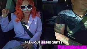 curly redhead latina milf in lingerie moans loud while riding cock in the car